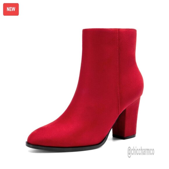 Shoes - Women's Chunky Block Heel Ankle Boots Pointed Toe Zipper Comfort